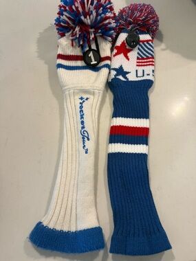 Patriotic Red White & Blue Pom-Pom Knit Golf Club Headcovers - Set of 2